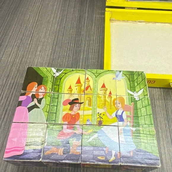 Wooden Toy Block Picture Cubes Vintage Snow White Cinderella - Picture 12 of 16